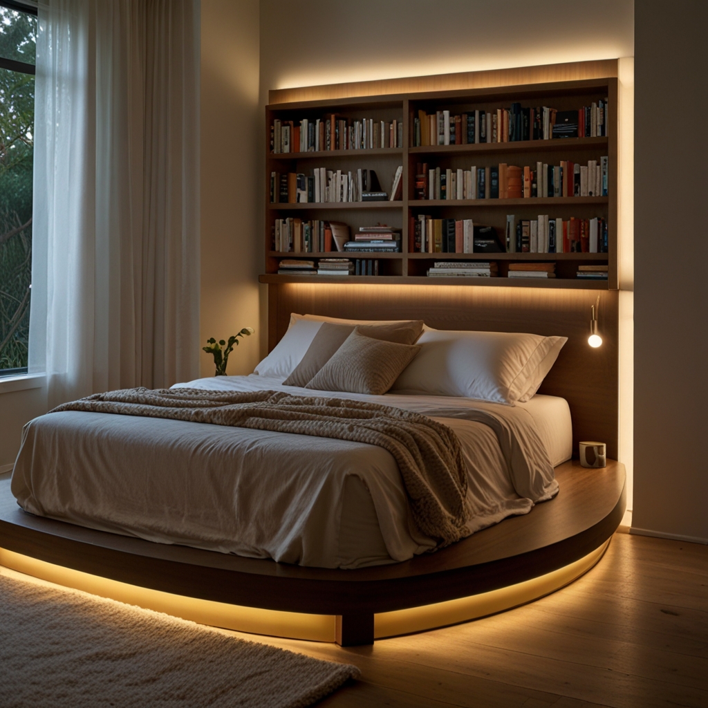 A wooden border around a floor mattress cradles books like a moat. A glowing lamp adds golden warmth to the intimate setup.