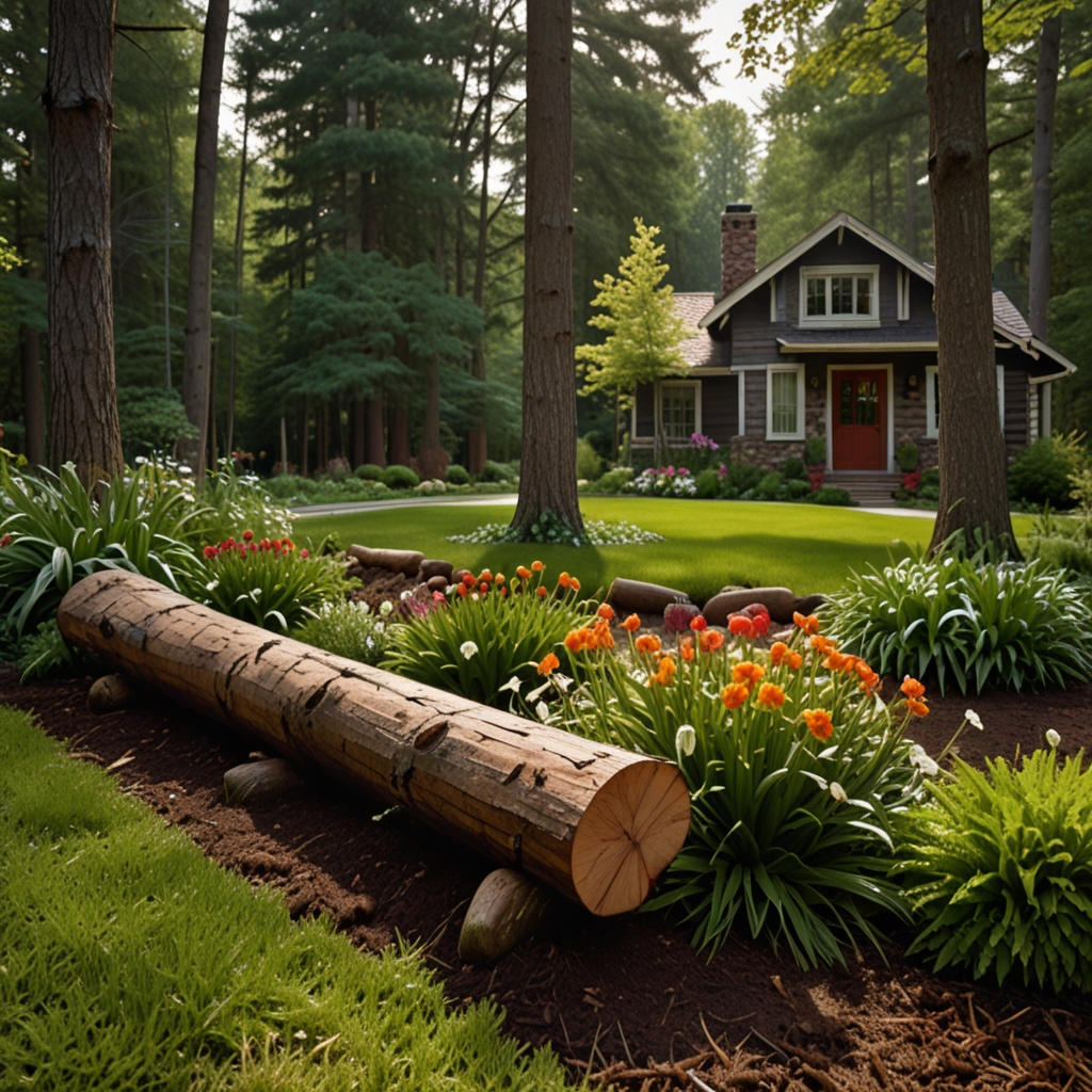 Sawn log edging curves around vibrant blooms under dappled light. Shot from shoulder-height, moss adds woodland charm.