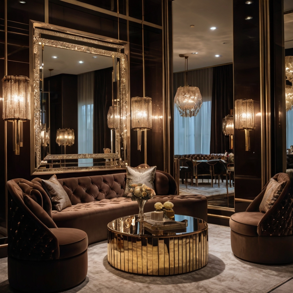 Chocolate seating surrounded by luxe mirrors reflecting soft light. Glam and cozy merge in warm-toned styling.