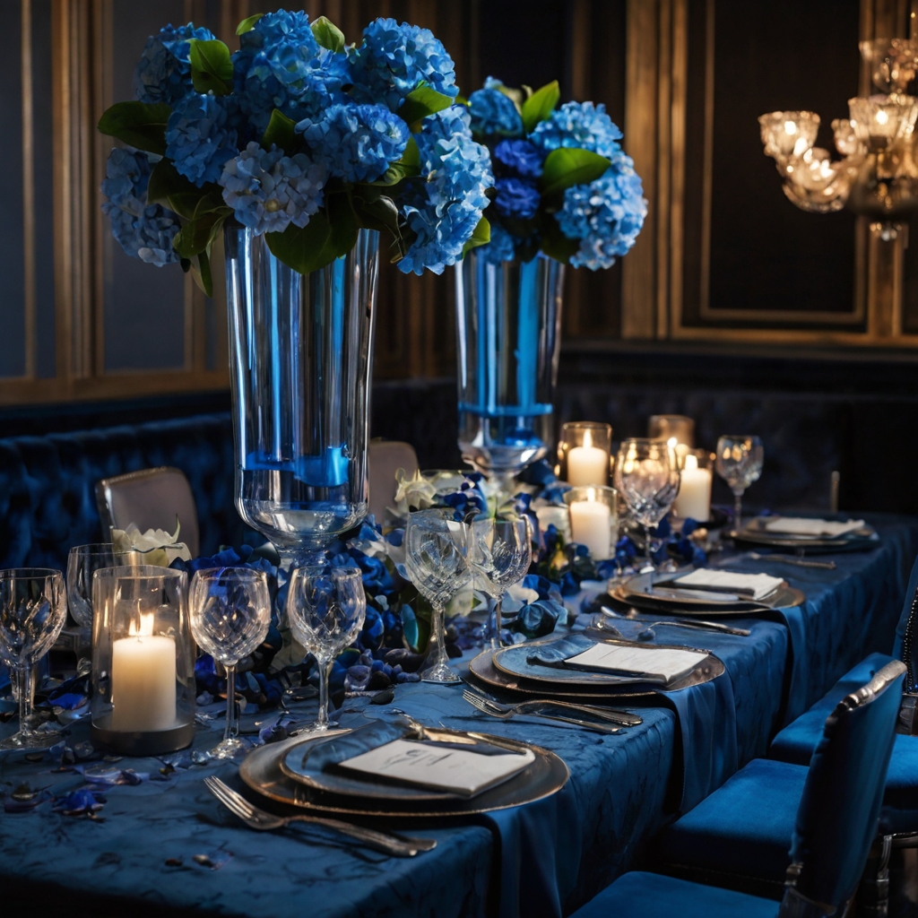 Overhead view of a luxurious wedding table with layered blue blossoms and silverware. Warm candlelight highlights the richness of elegant floral clusters.