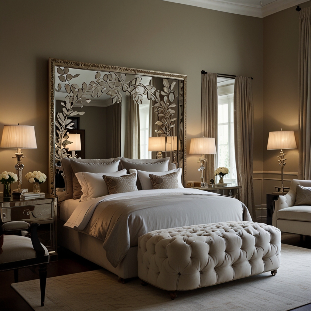 Oversized mirror with gold detailing reflects rich textures. Visually expands and elevates the luxe bedroom ambiance.