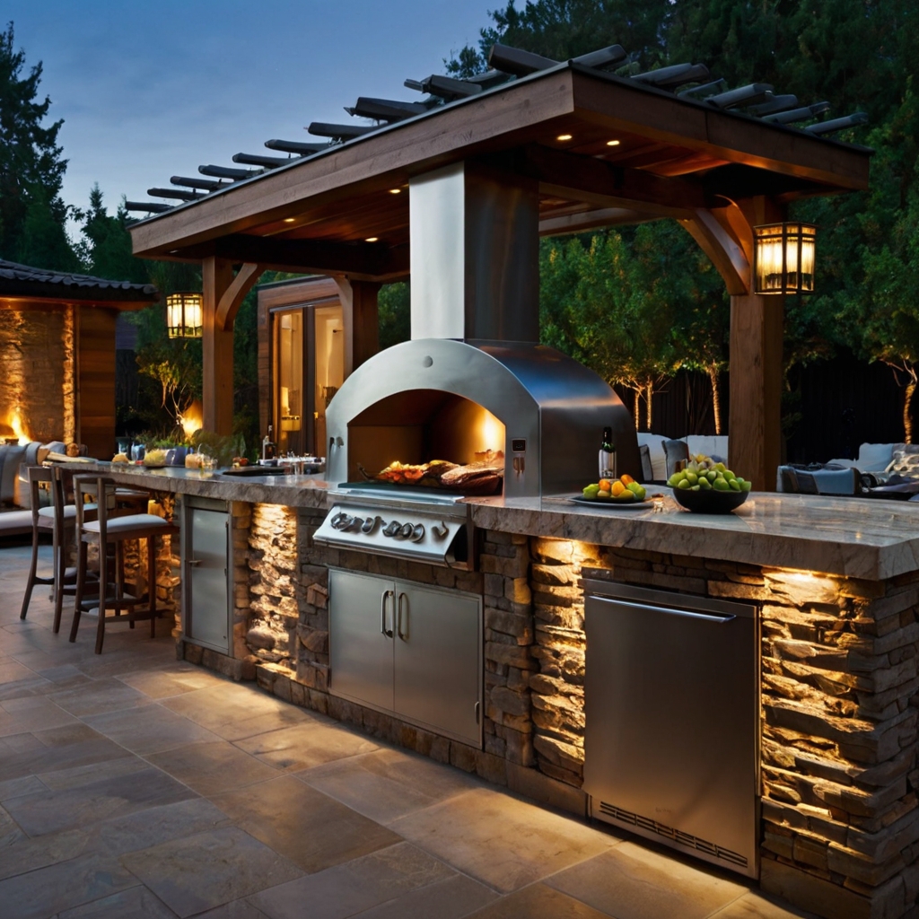 A high-end BBQ kitchen with stone islands, marble counters, and wine coolers. Retractable glass roofs and warm lighting enhance luxury.