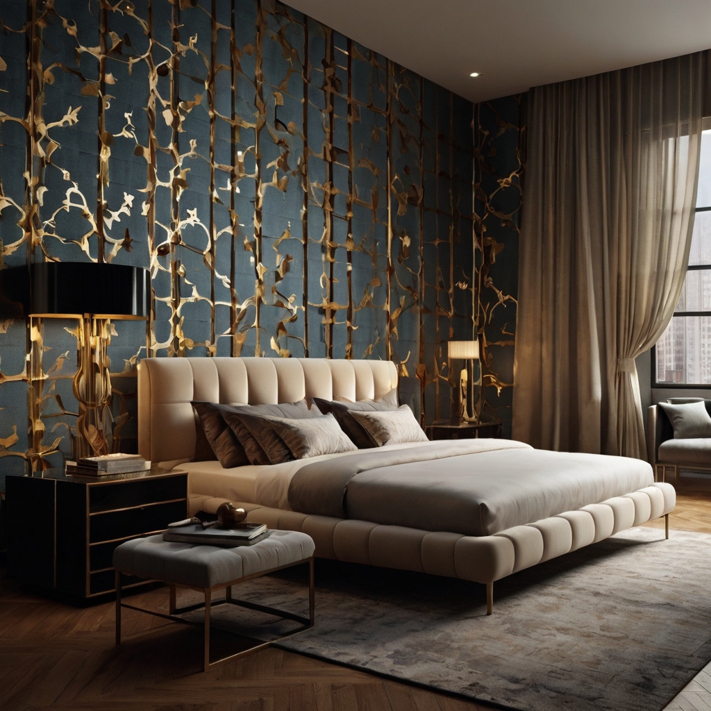 Textured wallpaper with silk sheen wraps the bedroom walls. Adds refined depth and quiet glamour throughout the space.