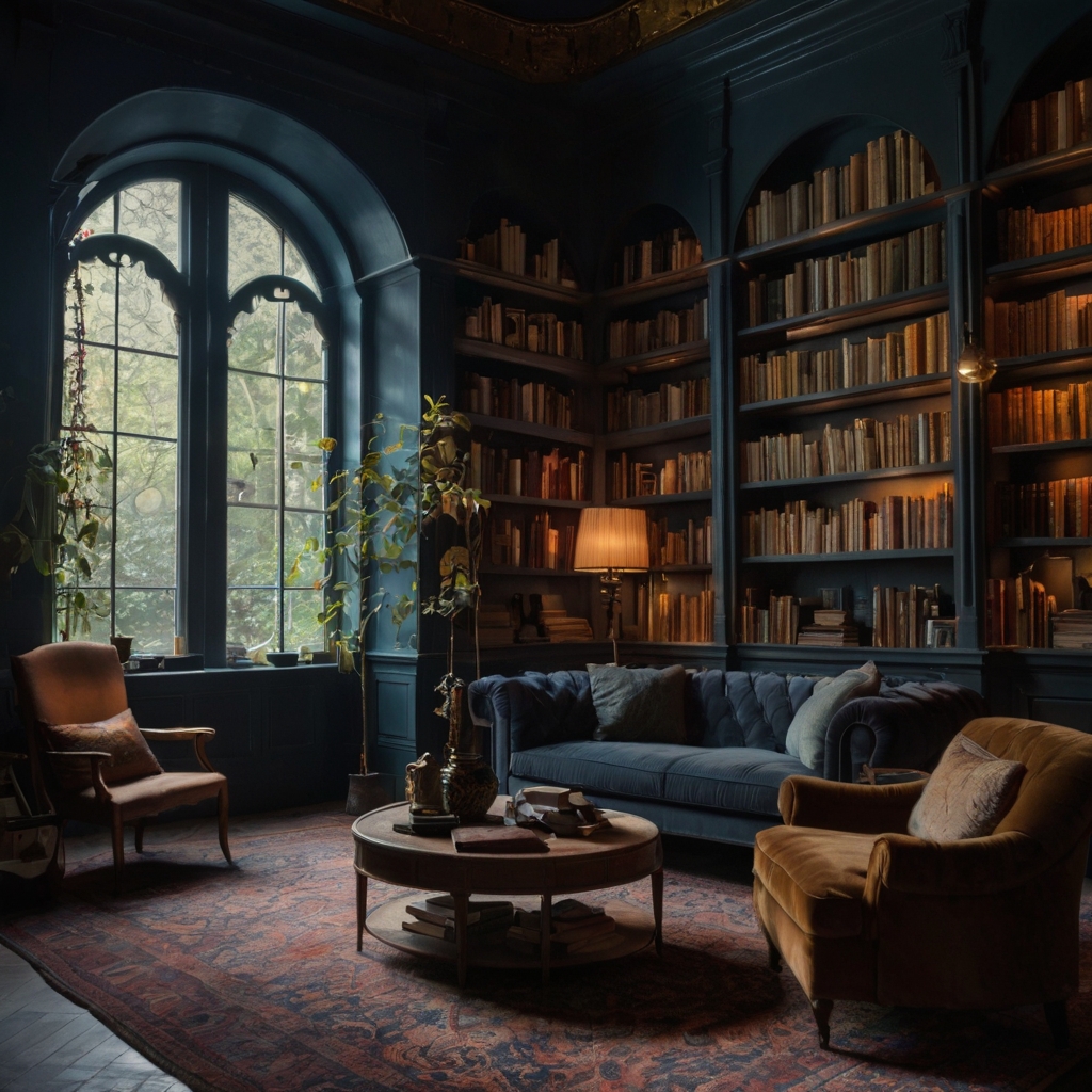 Flickering light dances across floating shelves and hidden corners. A whimsical room alive with wonder and soft mystery.