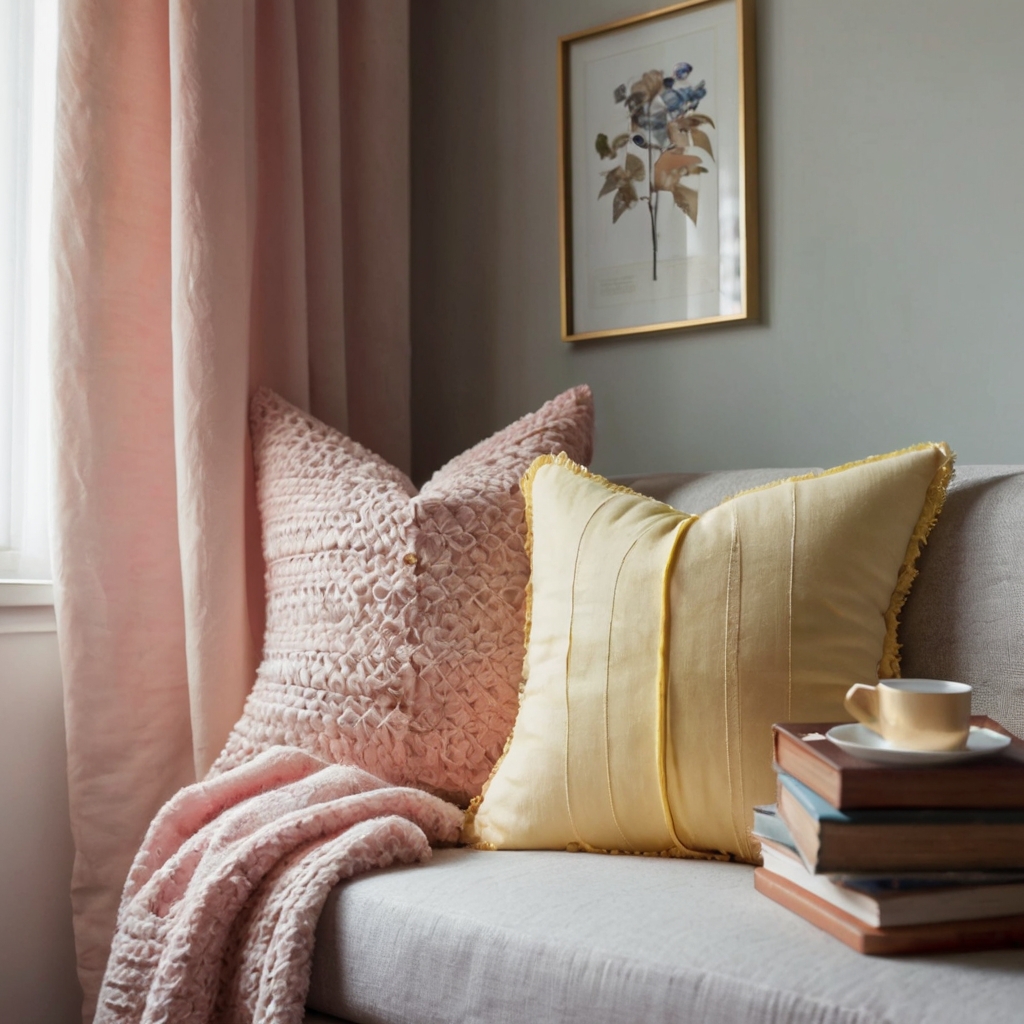Two-tone pink and yellow cushions bring warmth and color to cozy corners. The plush texture contrasts beautifully with the light tones, making spaces inviting.
