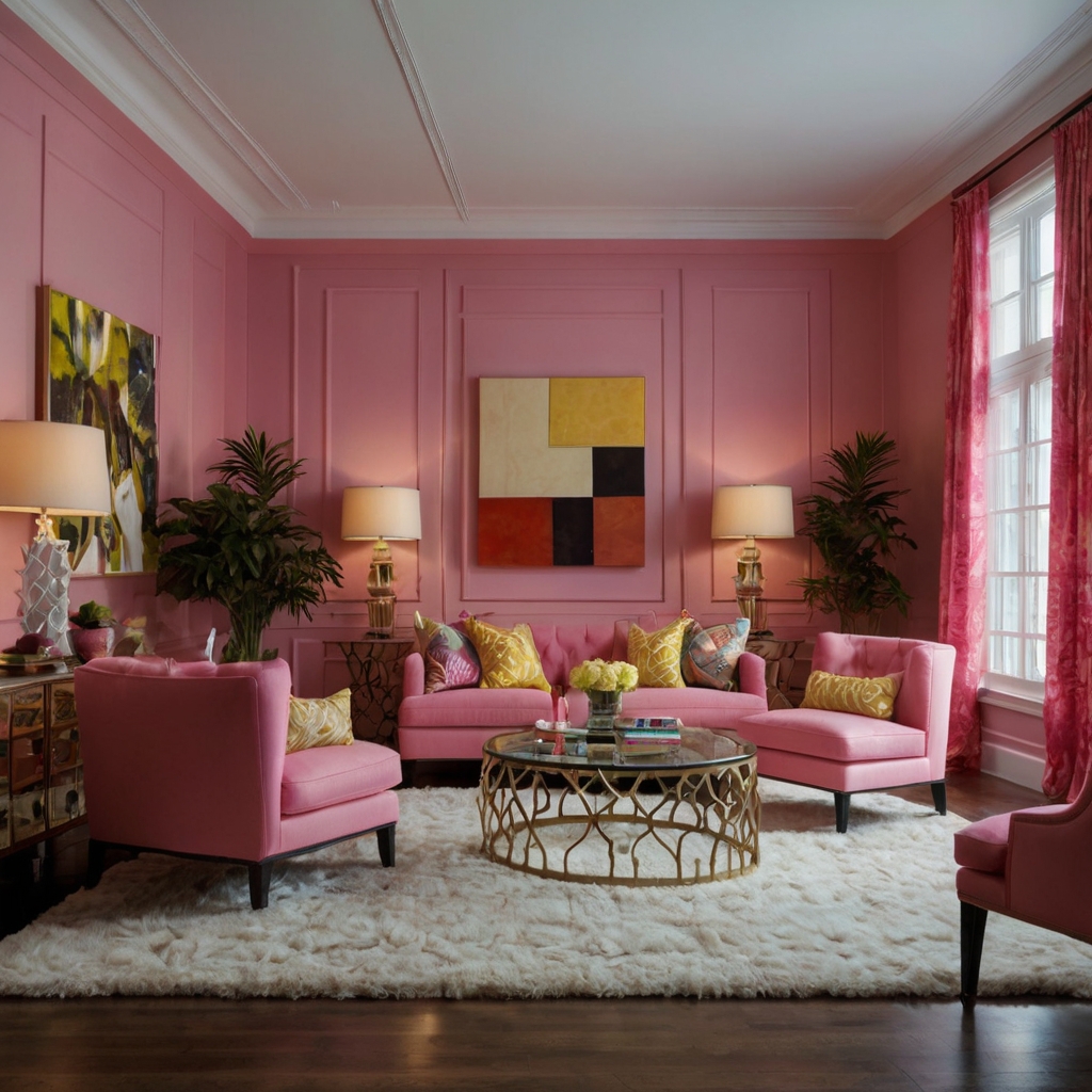 Candy pink or banana yellow focal walls energize the space, creating a striking visual contrast. Bold lighting enhances the room's vibrant mood, adding personality.