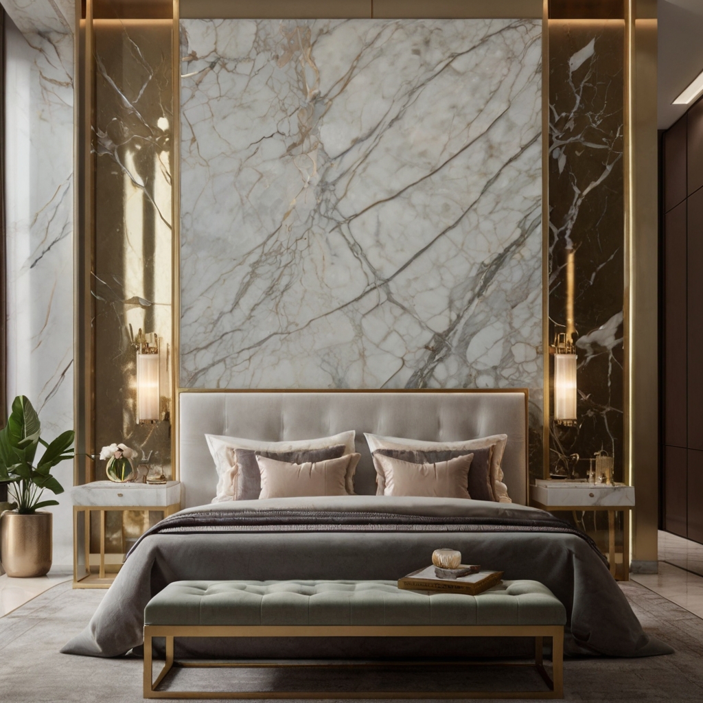 Large gold-framed mirror reflects soft lighting and chic textures. Adds grandeur and spacious elegance to the bedroom.