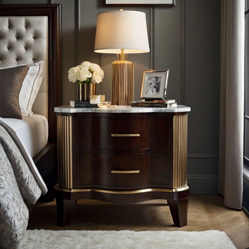 Elegant marble top nightstand shimmering under soft bedroom lighting. Silver veining and polished textures infuse luxury into restful spaces.