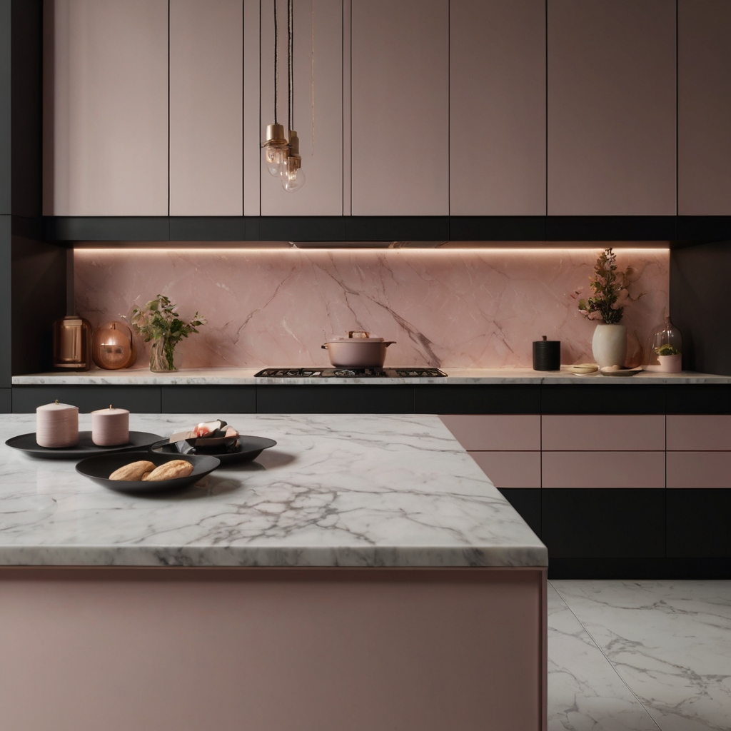 Matte black features contrast with pale rose cabinetry in low soft lighting. Dramatic meets delicate in a modern romantic kitchen.