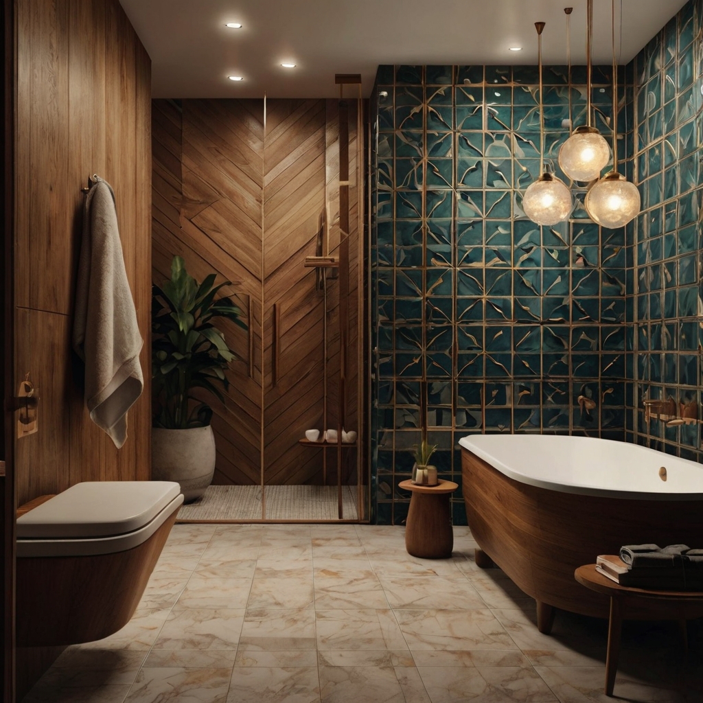 Retro-modern bathroom with warm wood tones and geometric fixtures. Clean lines and subtle shadows reflect classic mid-century design.