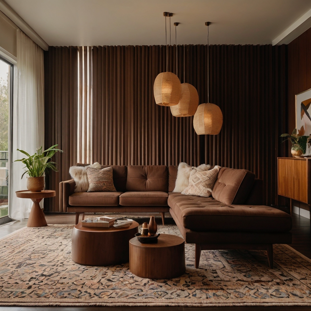 Midcentury chocolate couch with walnut legs and retro surroundings. Soft daylight filters through blinds for subtle contrast.