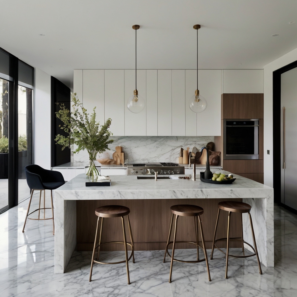 Minimalist metal stools tucked neatly into a marble kitchen island. Sleek industrial design adds crisp, clean energy to modern kitchen spaces.