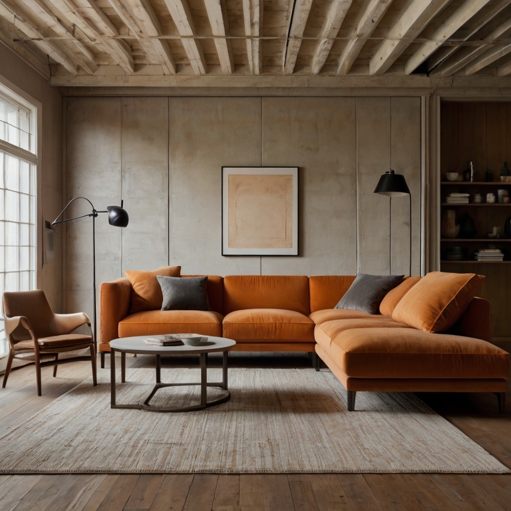 Minimalist space with an orange couch lit by soft directional lighting. Clean lines, sparse decor, and warm tones balance light and shadow perfectly.