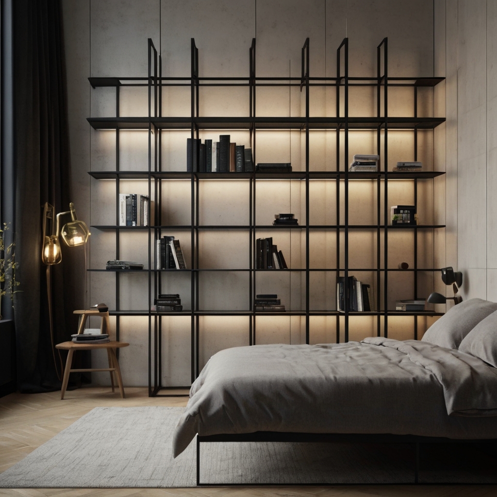 A black metal wall grid holds symmetrically placed books. Daylight and a lamp combine to form modern, balanced shadows.