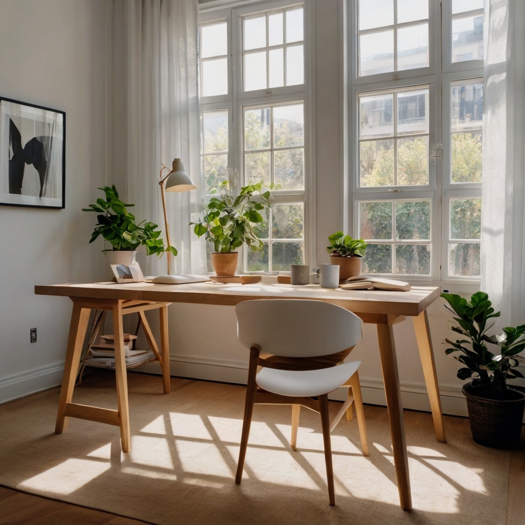 Pure white minimalist desk with slim oak legs basking in bright natural sunlight. Inspiring workspace setup with dreamy overexposed light and clutter-free design.