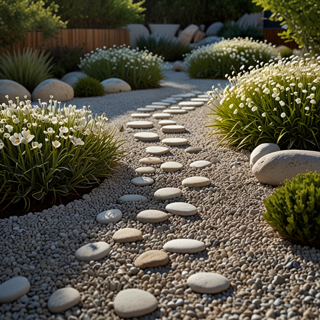 White gravel and sparse florals contrast under harsh overhead sun. Clean lines and bold hues define a calm, minimalist space.