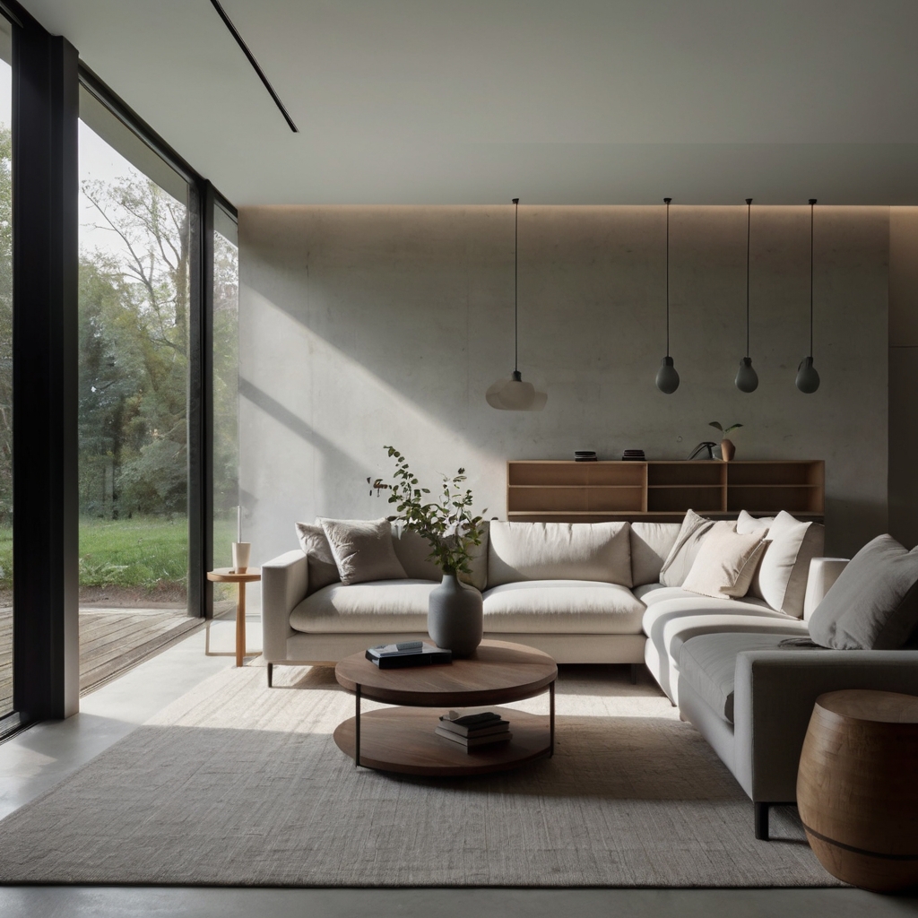 A serene minimalist living room with soft natural light and neutral tones, creating a calm ambiance. A sleek sofa and minimalist coffee table add to the spacious, clean feel.