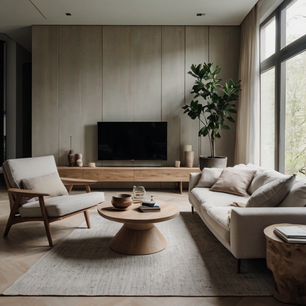 Minimalist living room with a single armchair and table in an open space. Neutral soft lighting highlights the clean, uncluttered look.