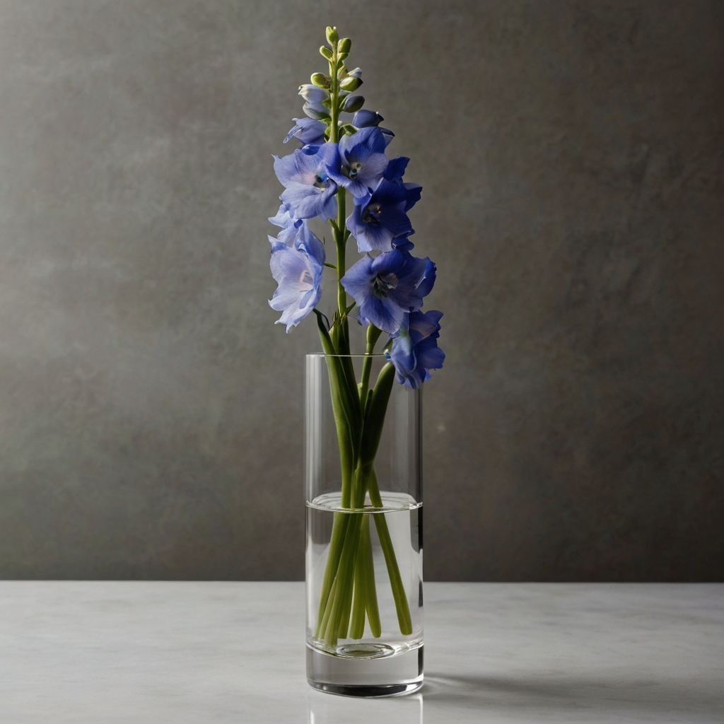 A single delphinium stem rises tall from a minimalist vase, surrounded by empty table space for visual clarity. Soft directional lighting adds height and grace to the quiet design.