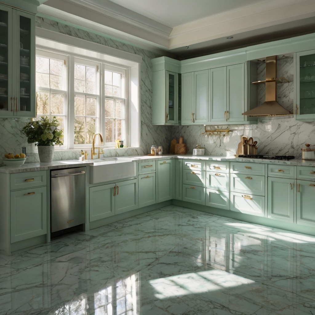 Mint green walls paired with white marble countertops under diffused skylight. Smooth textures and serene tones create an airy elegance.