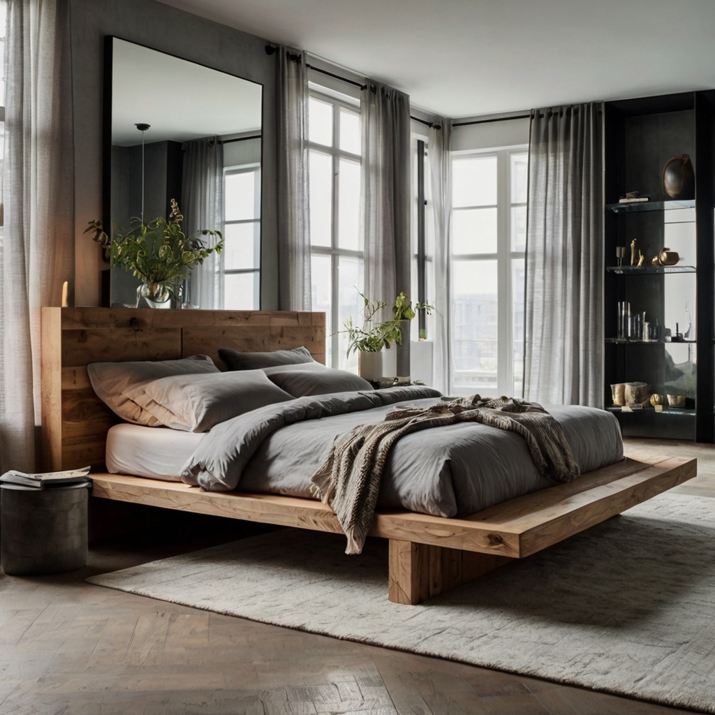 A modern bedroom with a mirror-framed bed and floating shelves. Soft light reflects off the mirrors, making the room feel spacious and sleek.