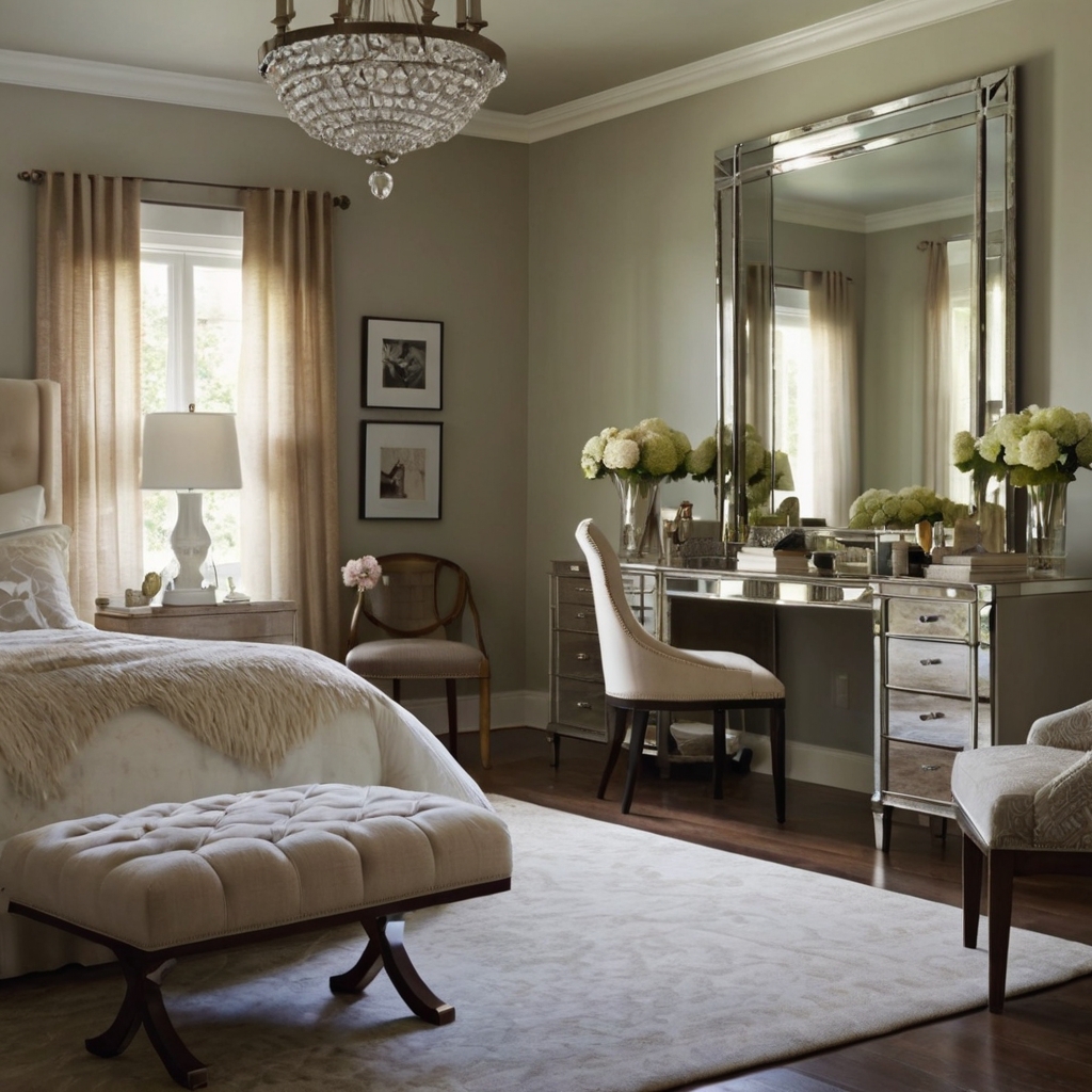A spacious bedroom with mirrors reflecting natural light. Soft, neutral tones and mirrors enhance the room’s light-filled, airy feel.