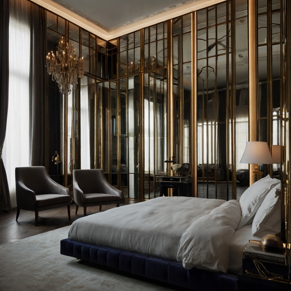 Velvet tufted bench rests gracefully at the bed’s end. A functional and plush detail in a luxe bedroom setting.