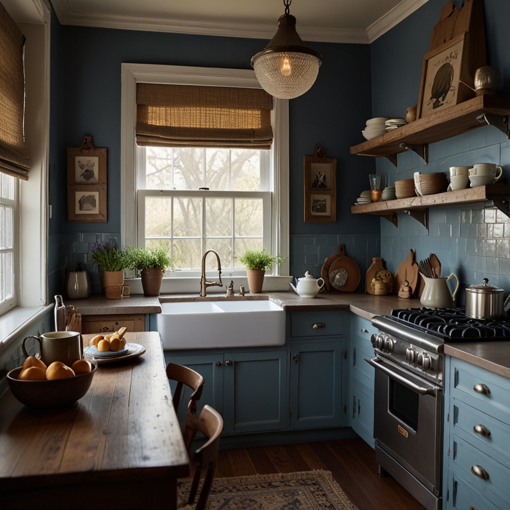 Mocha cabinets with dusty blue walls under cozy warm lighting. Soft, inviting tones create a serene family space.