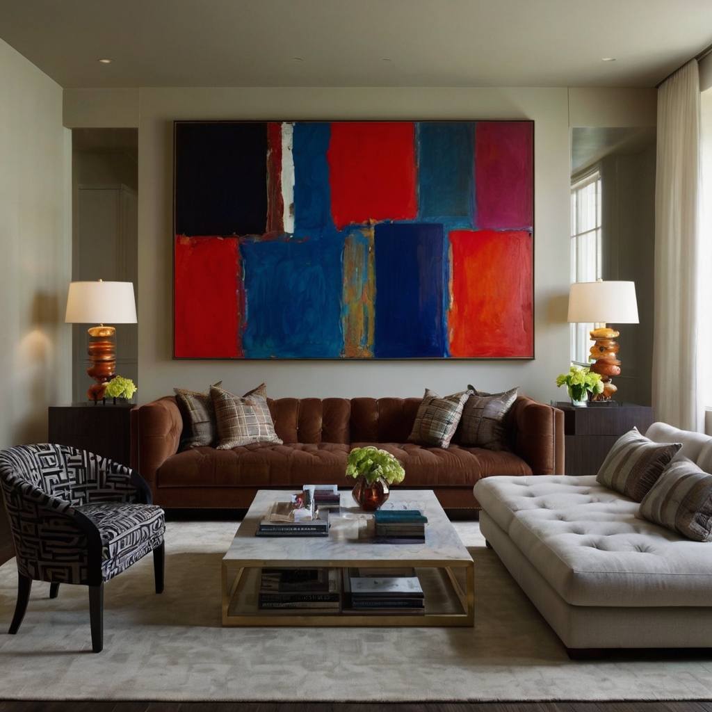 Modern living room with bold, colorful artwork as the main focus. Soft lighting highlights the art, while contemporary furniture complements the space.