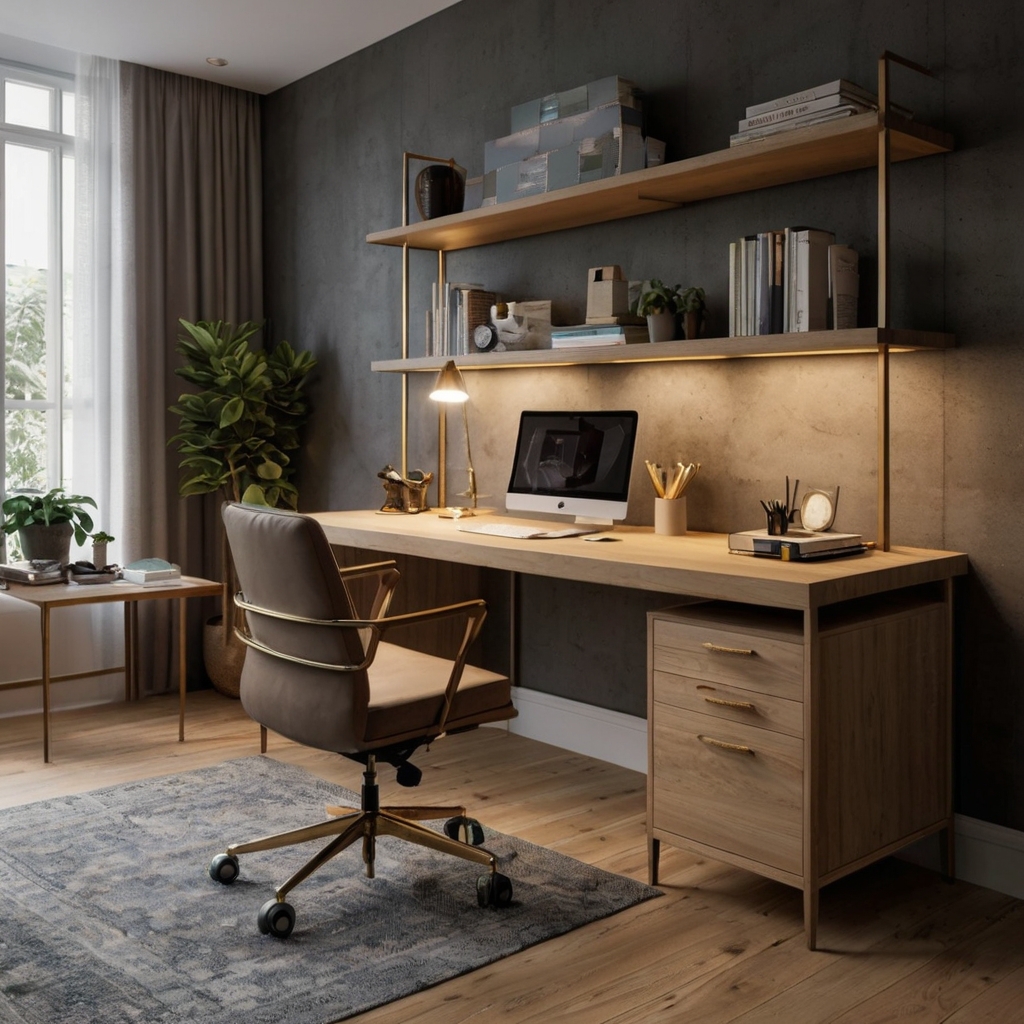 A sleek, modern craft office with minimalist furniture and soft ambient lighting. The neutral tones and geometric decor create a fresh and stylish atmosphere.