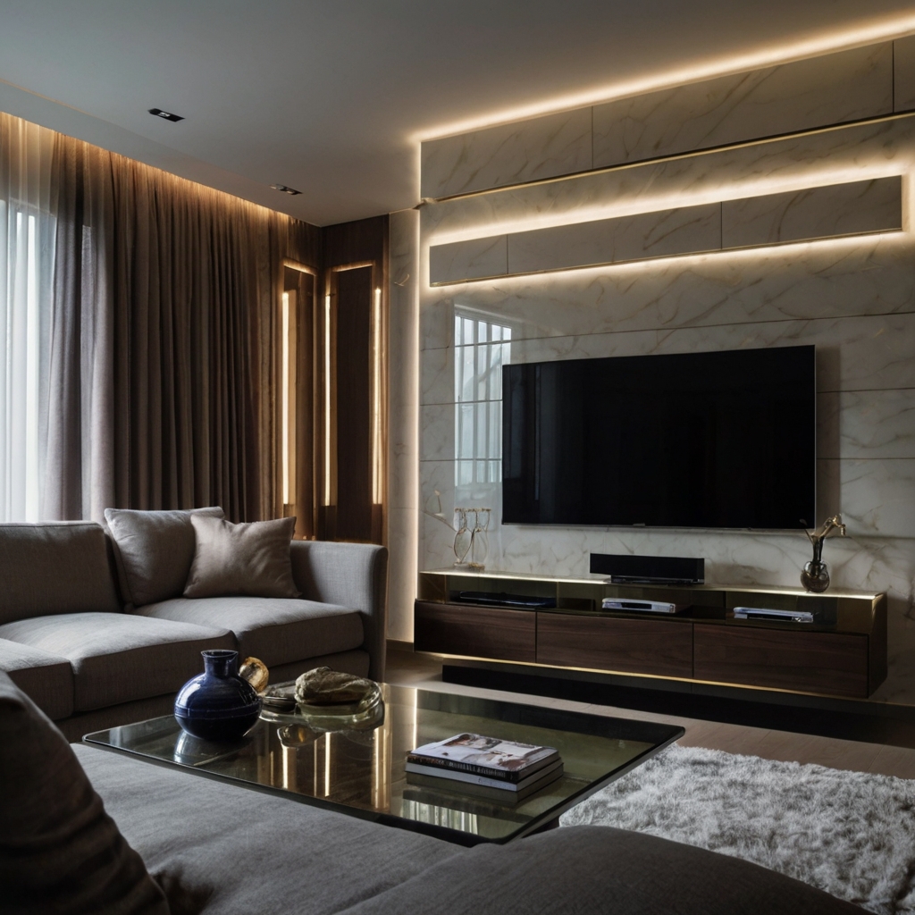 LED strips frame a sleek, polished TV wall with color-changing lights. The dynamic lighting creates an upscale, high-end ambiance with soft halos around the TV.