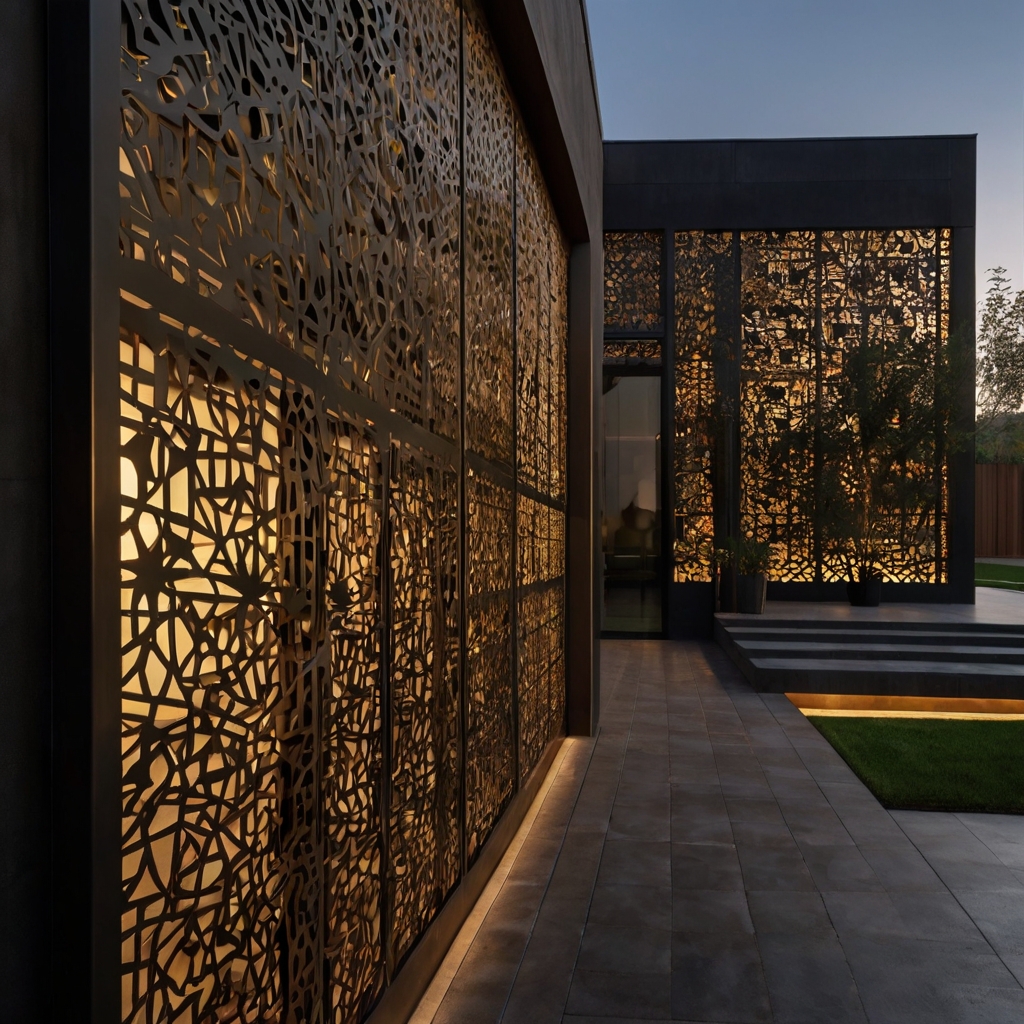 Matte black steel panels with moon/star cutouts cast intricate shadows in golden-hour light. Reflective textures and rivets add a sleek modern contrast.