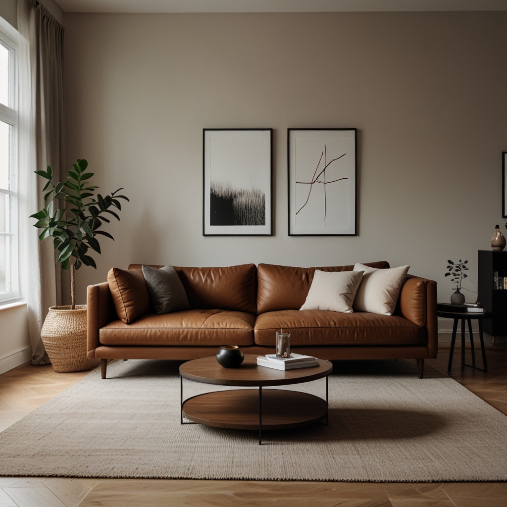 Brown sofa centered in a white minimalist space with soft shadows. Clean design and bright daylight create balance.