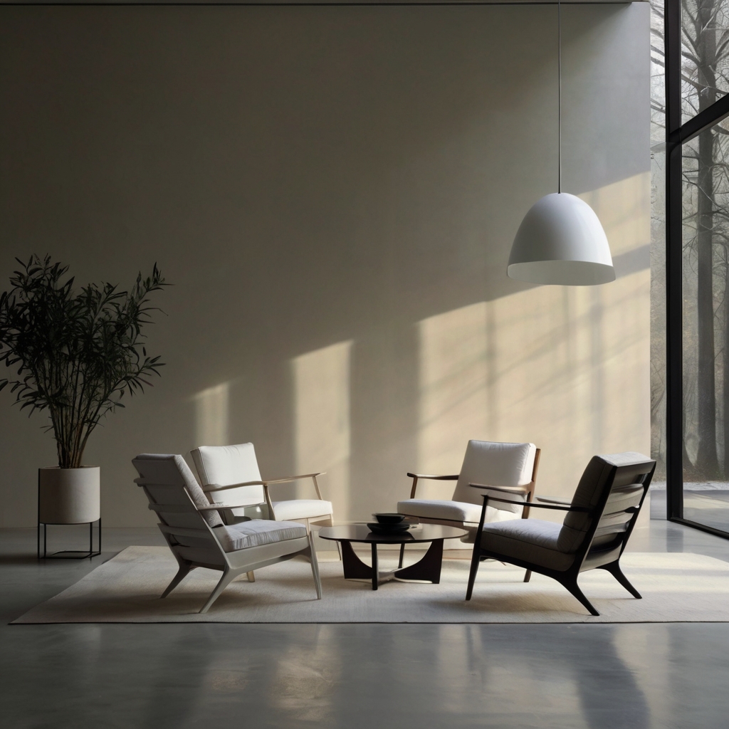 Sleek, solid-colored painted chairs complement a minimalist living room. Crisp lighting enhances their straight lines, adding elegance to the uncluttered space.