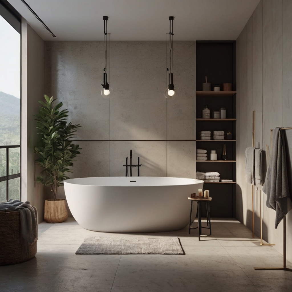 A clutter-free modern bathroom with sleek fixtures and neutral palette. Soft daylight filters through a frosted window, casting calm shadows.
