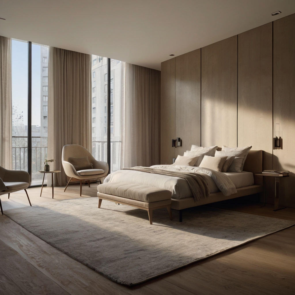 A minimalist bedroom with sleek lines, neutral walls, and functional furniture. Natural light filters in, creating a serene, uncluttered atmosphere.