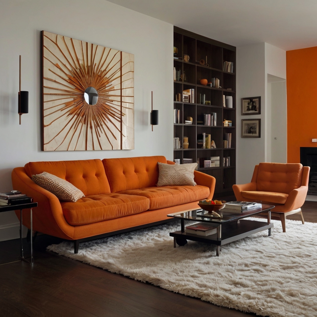 Orange couch anchors a modern living room with sharp-edged furniture. Overhead light casts sleek shadows across abstract art and clean-lined decor.