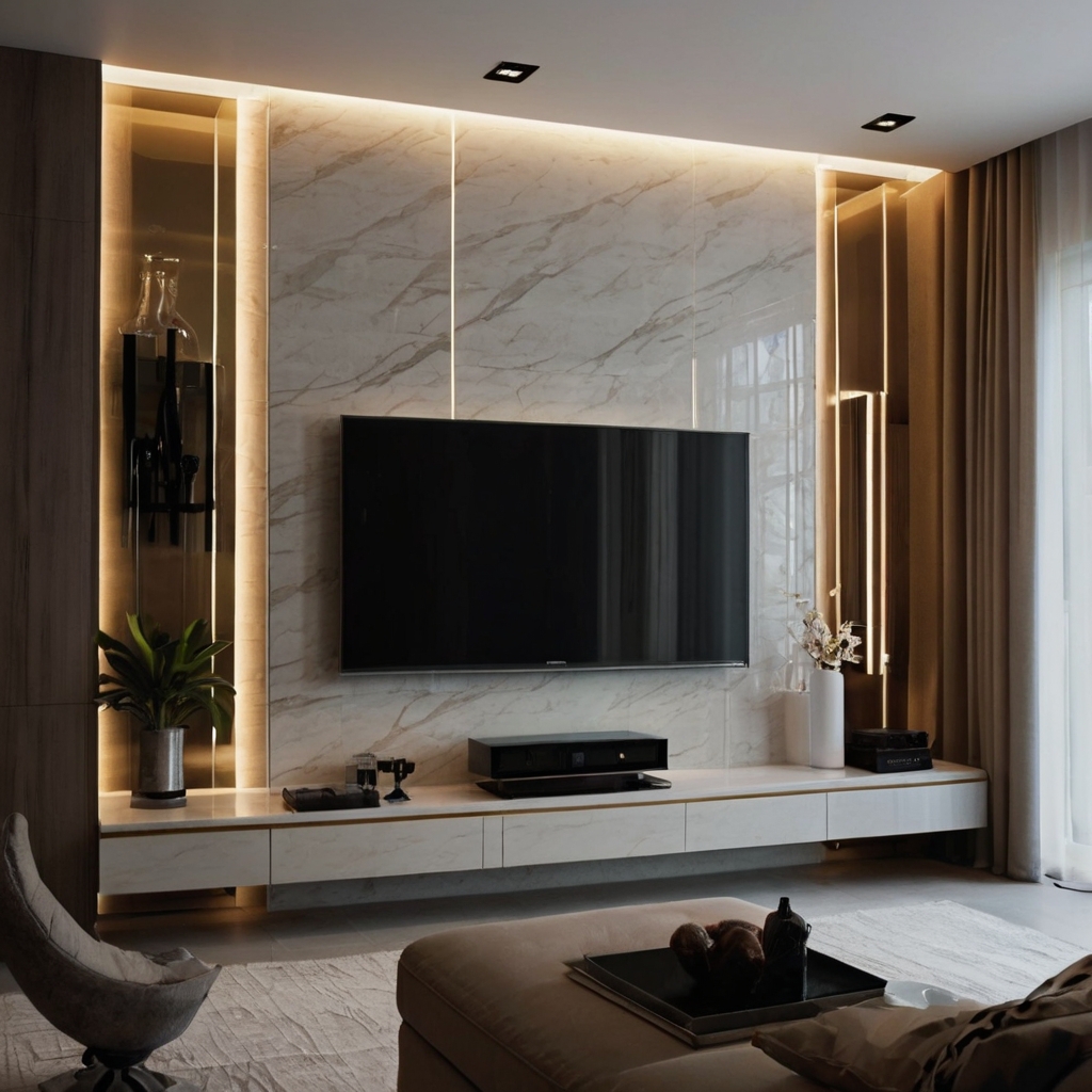 Sleek TV wall with high-gloss finishes, LED strips casting a soft glow. Floating shelves add elegance, creating a minimalist, airy space.