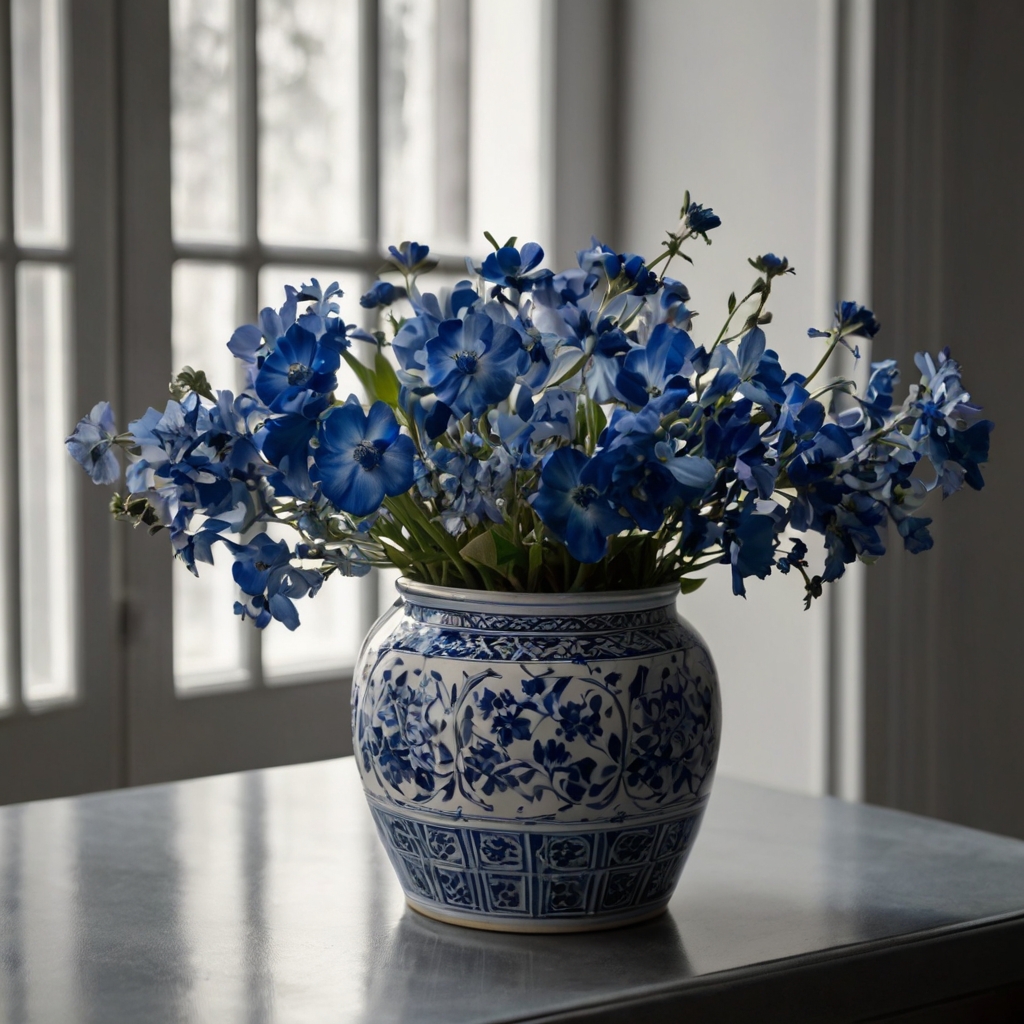 A ceramic pot holds monochrome blue flowers, bold blooms against a neutral backdrop. Natural light enhances vivid tones, casting gentle shadows that elevate the simple design.