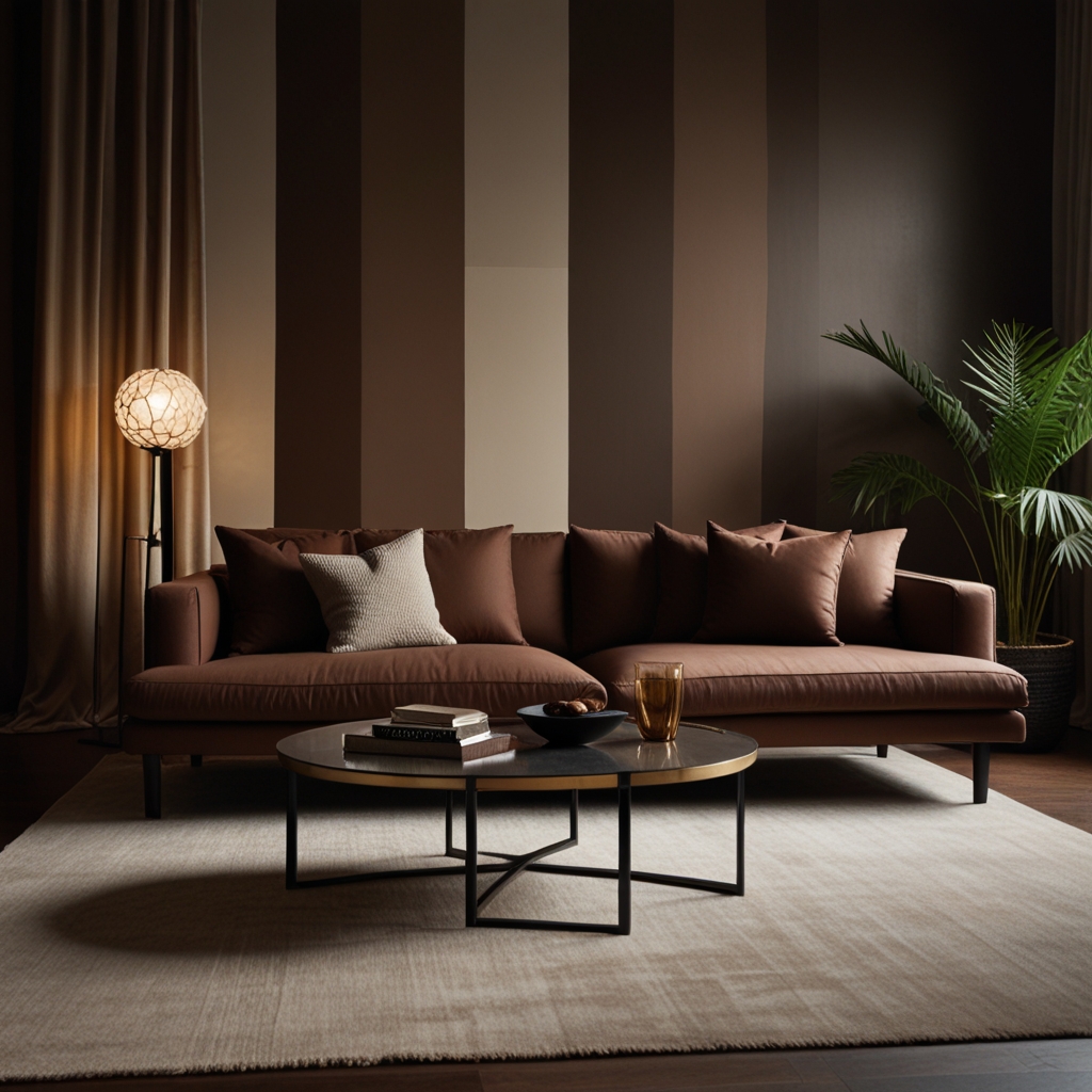 Chocolate couch surrounded by brown monochrome tones in modern layout. Soft lighting highlights tonal harmony.