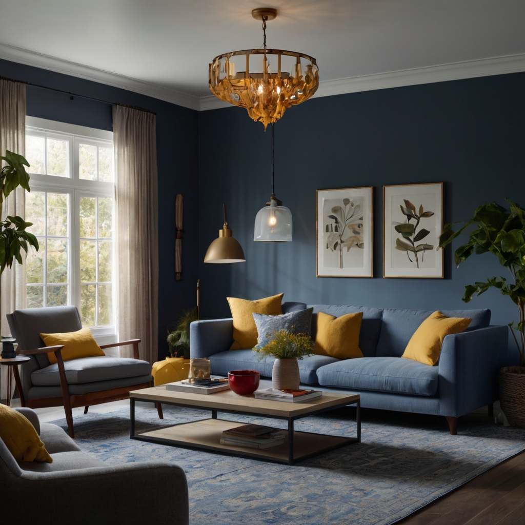 A living room with mood-based styling, featuring soft blues for calm and bold accents for energy. Pendant lights and accent lighting enhance the room’s dynamic mood.
