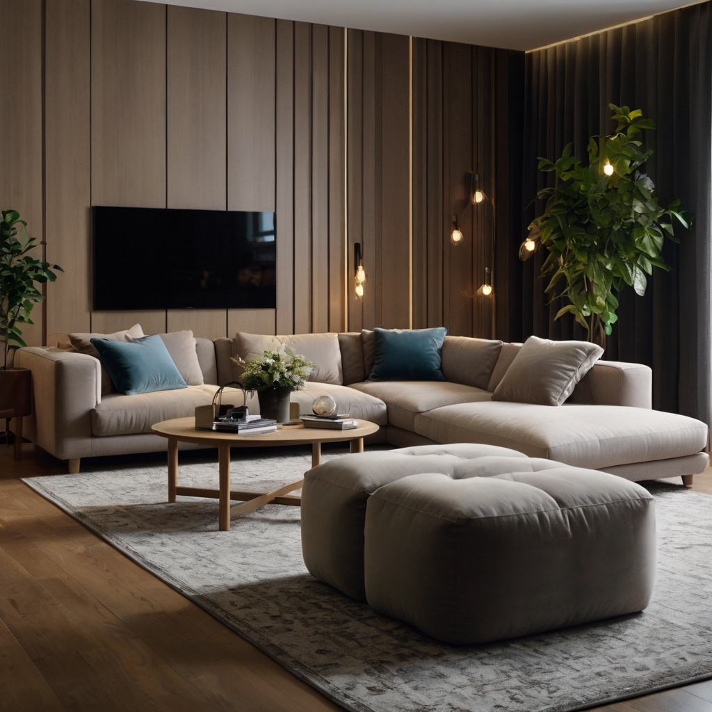 Organized living room with sleek multi-functional furniture like storage sofas. Clean lines and soft lighting keep the space practical and stylish.