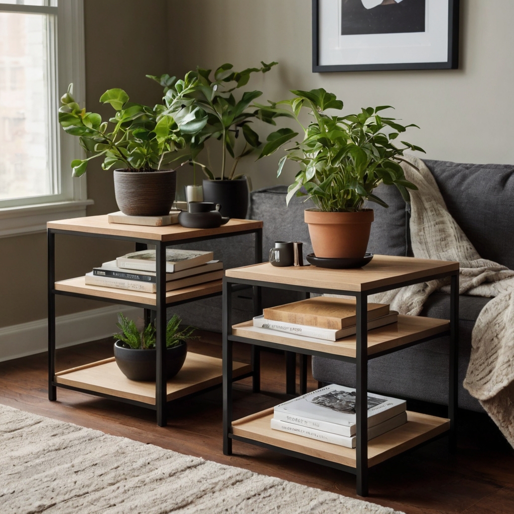 Multi-level side table styled with coffee mugs, books, and plants in a small space. Bright morning light and airy tones highlight the playful layered design.