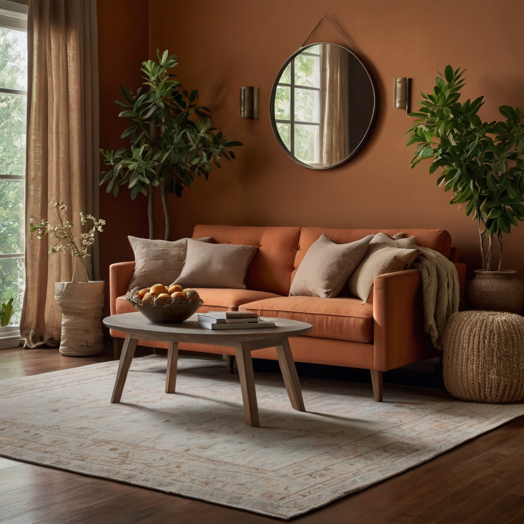 Muted orange couch in a refined space of taupe and matte clay tones. Diffused light gently fills the room, revealing elegant, soft textures.