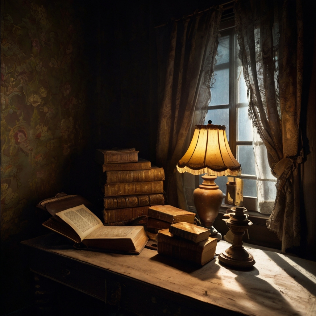 A shadowy room with a beam of light highlighting strange vintage items. The lighting creates a sense of intrigue and forgotten history.