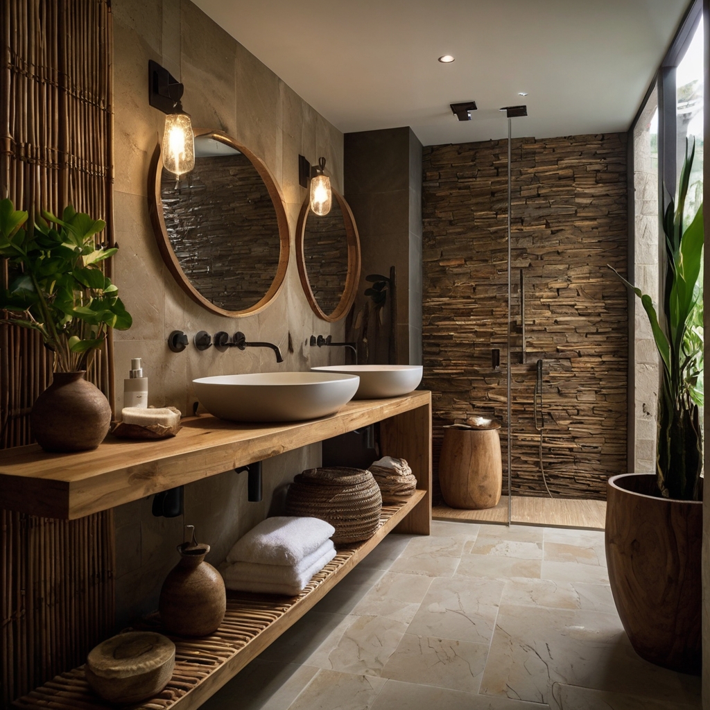 Natural materials like wood shelves and bamboo accents create a grounded, serene bathroom. Soft lighting highlights the earthy tones and organic textures.