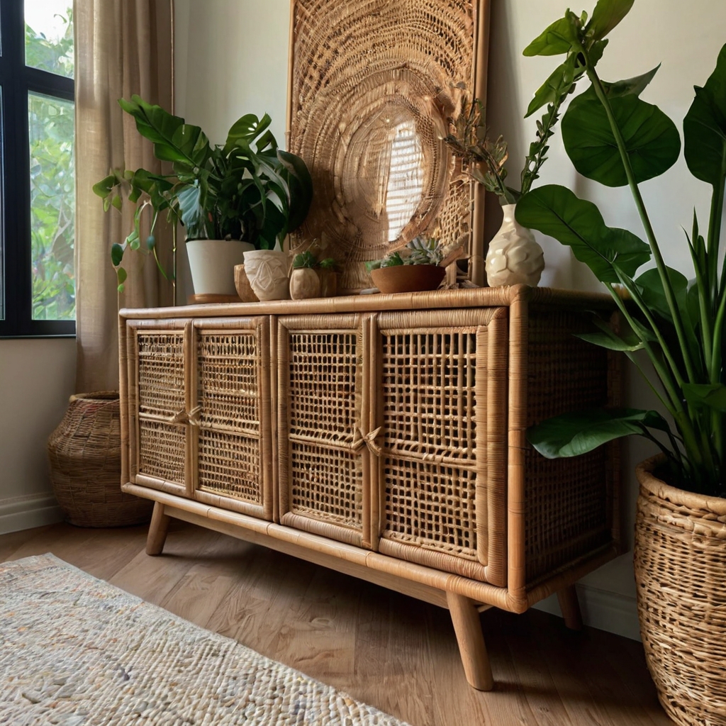 Natural rattan cabinet adding warmth and texture to a modern airy room. Earthy boho elements weave organic charm into crisp contemporary spaces.