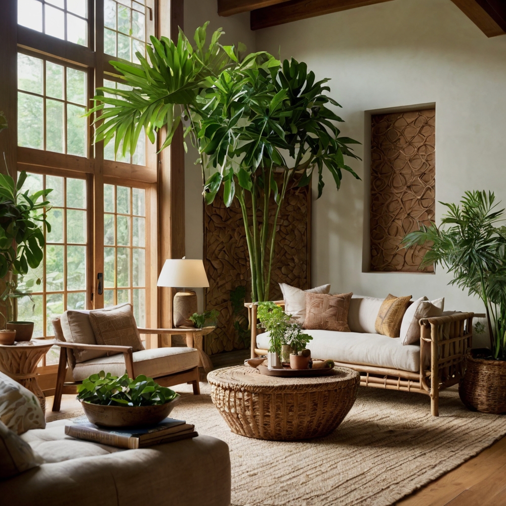 Living room styled with earthy tones, wood furniture, and lush indoor plants. Natural light floods the cozy, grounded space.