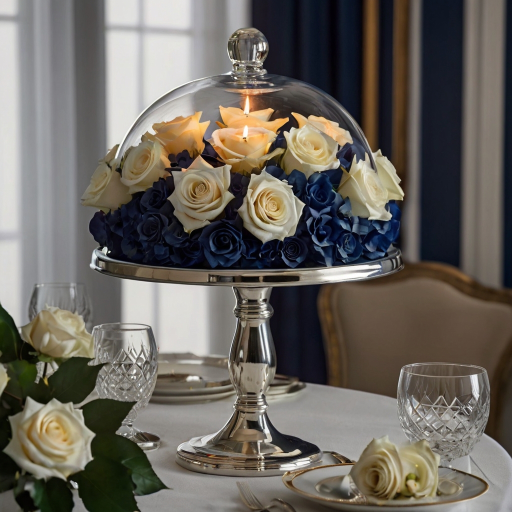 Navy and white florals dome under glass, their rich contrast glowing in flickering candlelight. Reflections play across the dome’s surface, enhancing symmetry and style.