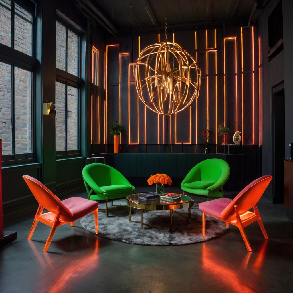 Neon-painted chairs in bright greens, pinks, and oranges pop in a lively living room. Spotlights highlight their bold colors against a dark, energetic backdrop.
